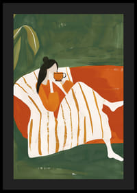 Egy pokát, amely egy nőt ábrázol pokrócba burkolva, amint egy forró csészét élvez a karosszékben-4