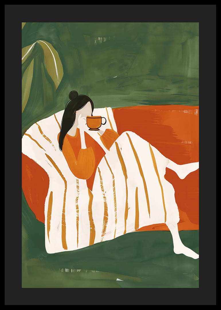 Egy pokát, amely egy nőt ábrázol pokrócba burkolva, amint egy forró csészét élvez a karosszékben-12