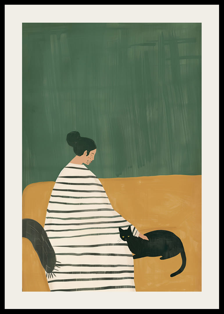 En poster som skildrar en lugn stund mellan en kvinna och hennes svarta katt-12