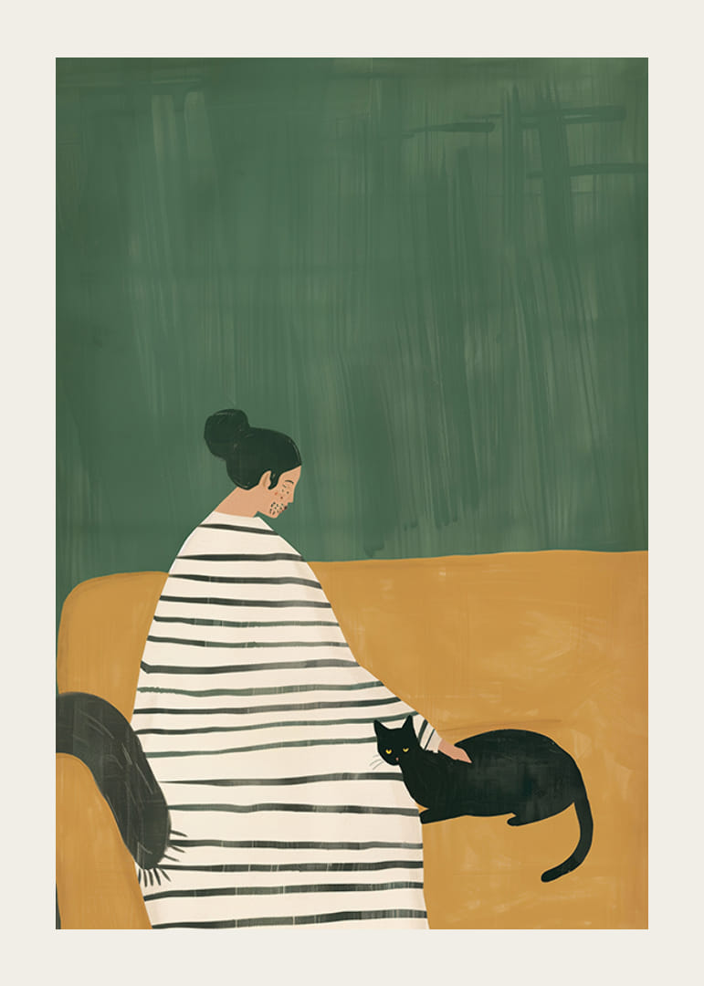En poster som skildrar en lugn stund mellan en kvinna och hennes svarta katt-12