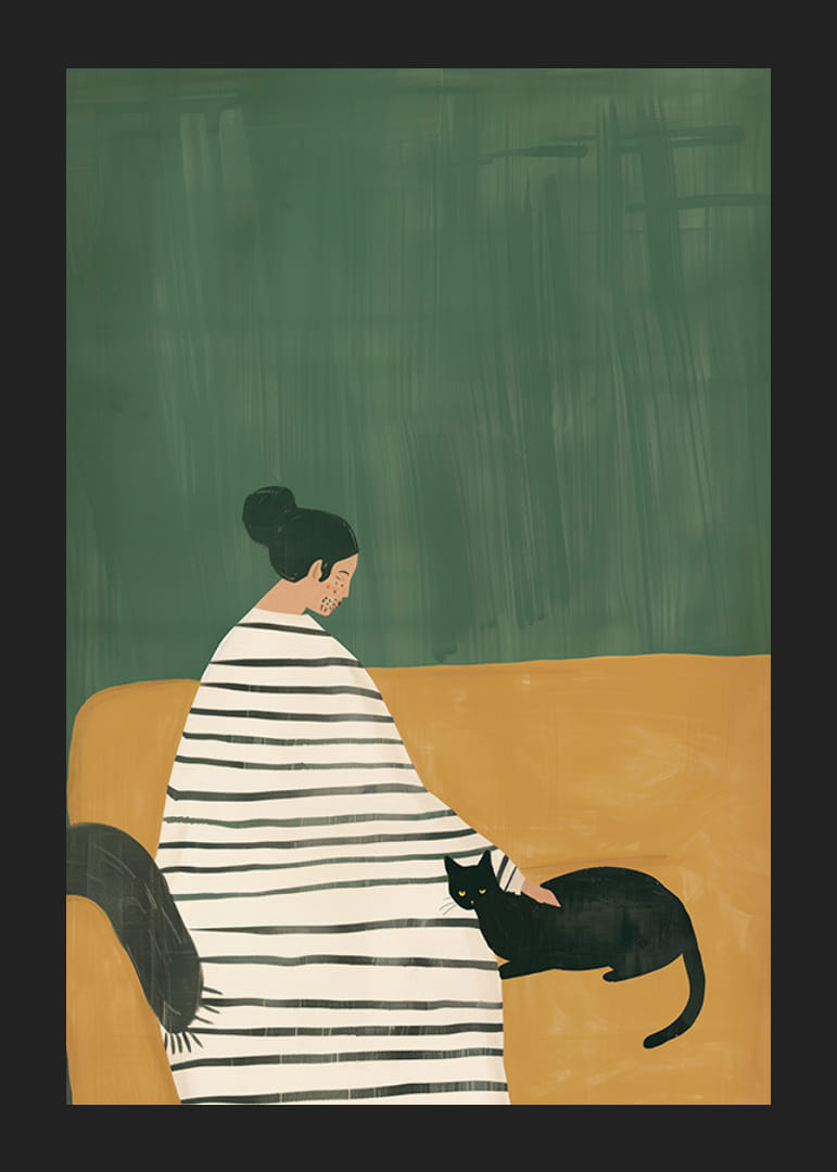 En poster som skildrar en lugn stund mellan en kvinna och hennes svarta katt-12