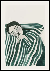 A poster depicting a person wrapped in a striped blanket, resting in deep stillness-2