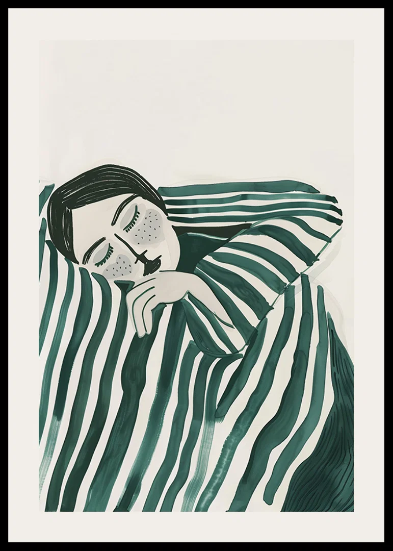 A poster depicting a person wrapped in a striped blanket, resting in deep stillness-12