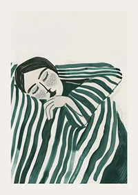 A poster depicting a person wrapped in a striped blanket, resting in deep stillness-3
