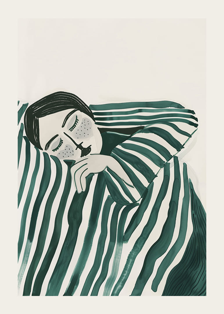 Plagát zobrazujúci osobu zabalenú do pruhovanej prikrývky, ktorá odpočíva v hlbokom tichu-12