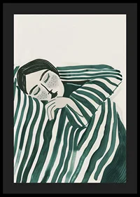 A poster depicting a person wrapped in a striped blanket, resting in deep stillness-4