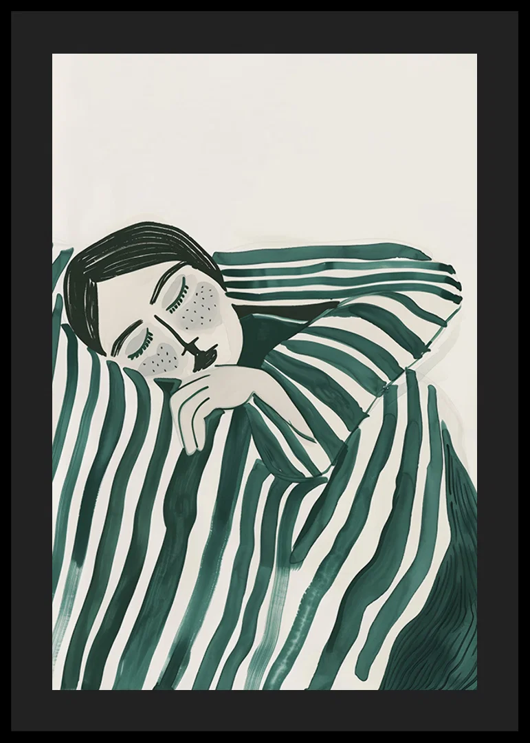 A poster depicting a person wrapped in a striped blanket, resting in deep stillness-12