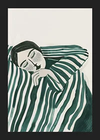 A poster depicting a person wrapped in a striped blanket, resting in deep stillness-5