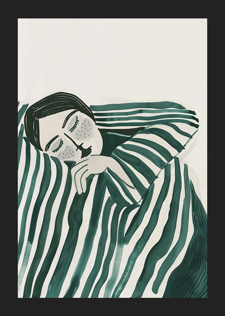 A poster depicting a person wrapped in a striped blanket, resting in deep stillness-12