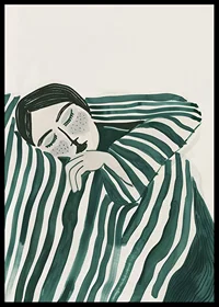 A poster depicting a person wrapped in a striped blanket, resting in deep stillness-6