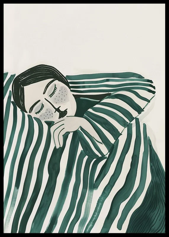 A poster depicting a person wrapped in a striped blanket, resting in deep stillness-12