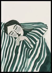 A poster depicting a person wrapped in a striped blanket, resting in deep stillness-2