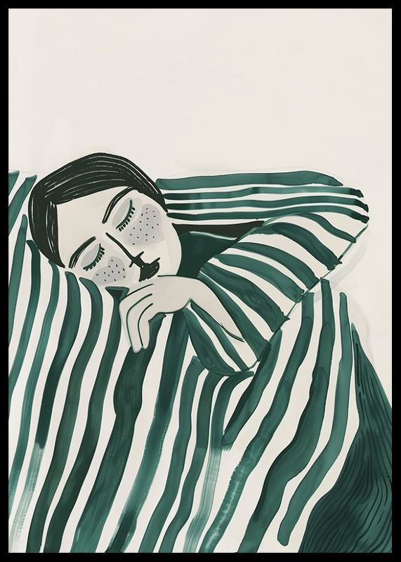 A poster depicting a person wrapped in a striped blanket, resting in deep stillness-12