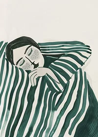 A poster depicting a person wrapped in a striped blanket, resting in deep stillness-7