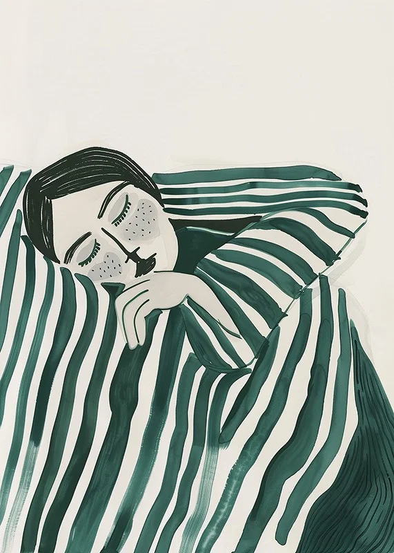 A poster depicting a person wrapped in a striped blanket, resting in deep stillness-12
