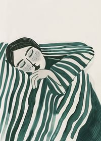 A poster depicting a person wrapped in a striped blanket, resting in deep stillness-3