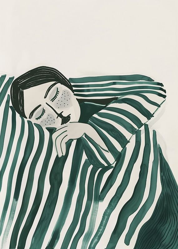 A poster depicting a person wrapped in a striped blanket, resting in deep stillness-12