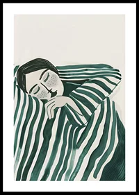 A poster depicting a person wrapped in a striped blanket, resting in deep stillness-0