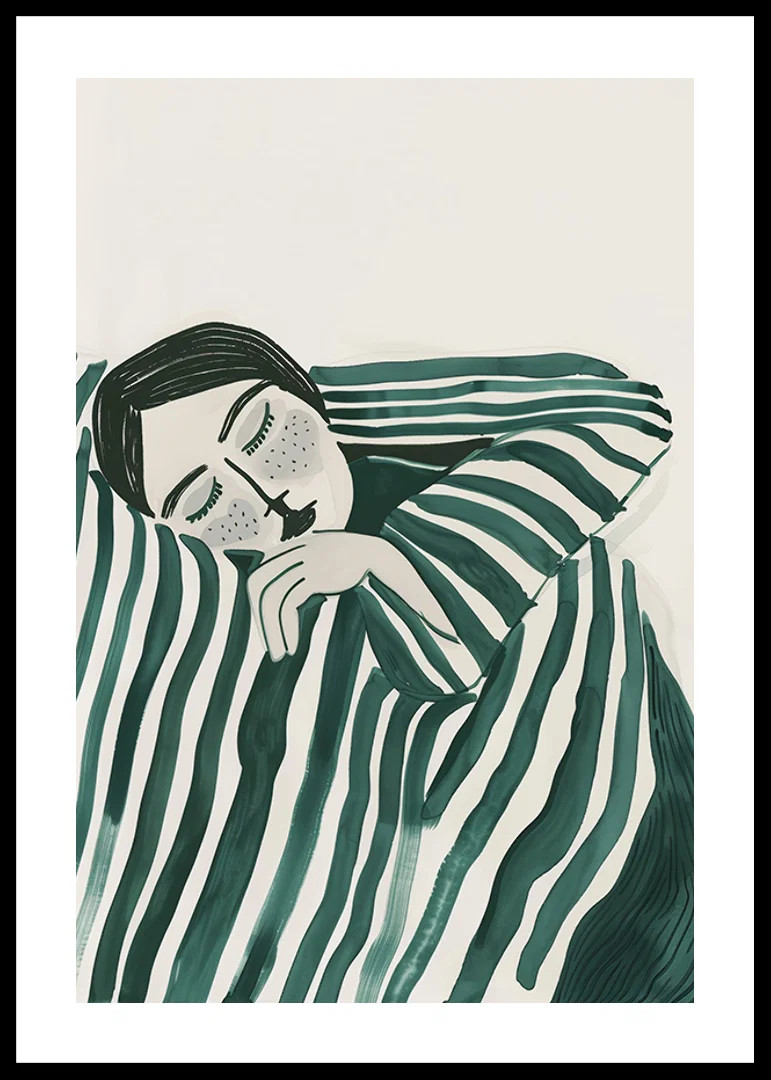 A poster depicting a person wrapped in a striped blanket, resting in deep stillness-12