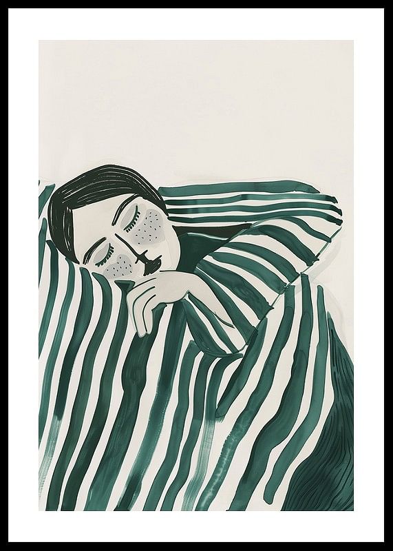 A poster depicting a person wrapped in a striped blanket, resting in deep stillness-12