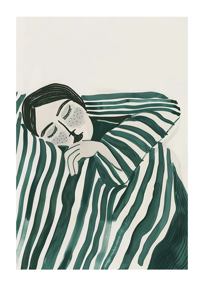A poster depicting a person wrapped in a striped blanket, resting in deep stillness-12