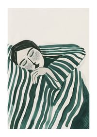 A poster depicting a person wrapped in a striped blanket, resting in deep stillness-1