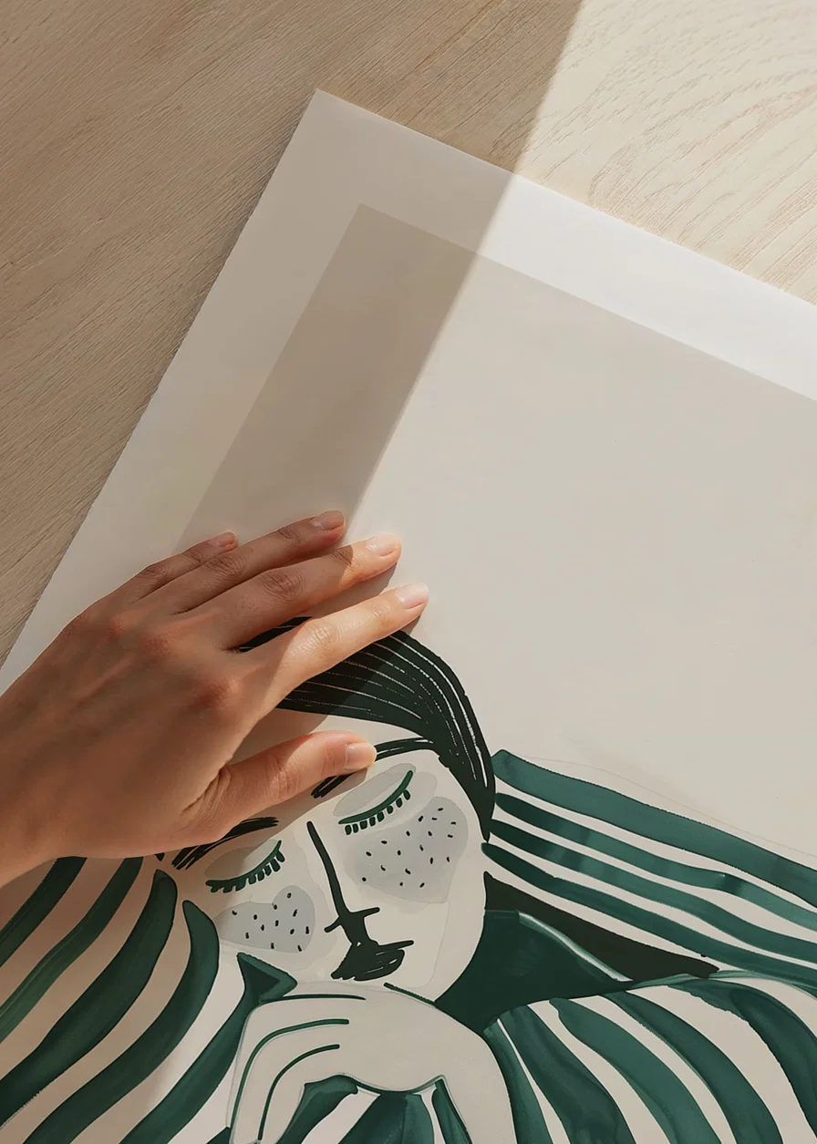 A poster depicting a person wrapped in a striped blanket, resting in deep stillness-12