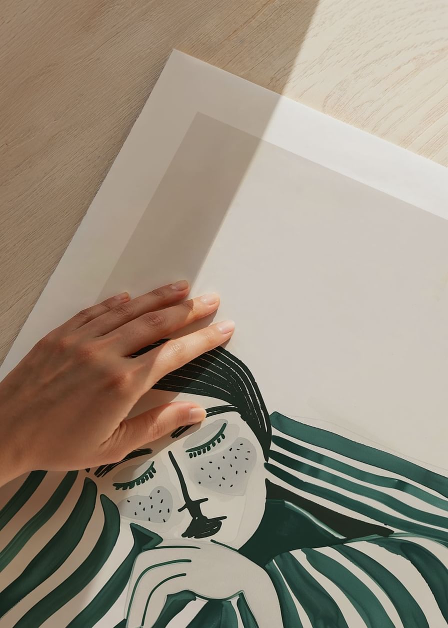 A poster depicting a person wrapped in a striped blanket, resting in deep stillness-12