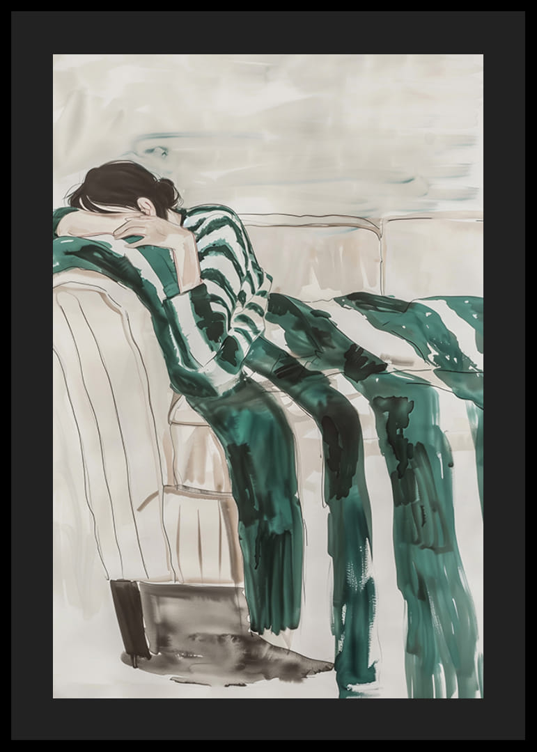 Un cartel que representa a una persona en profundo descanso, mimetizada con el sofá.-12