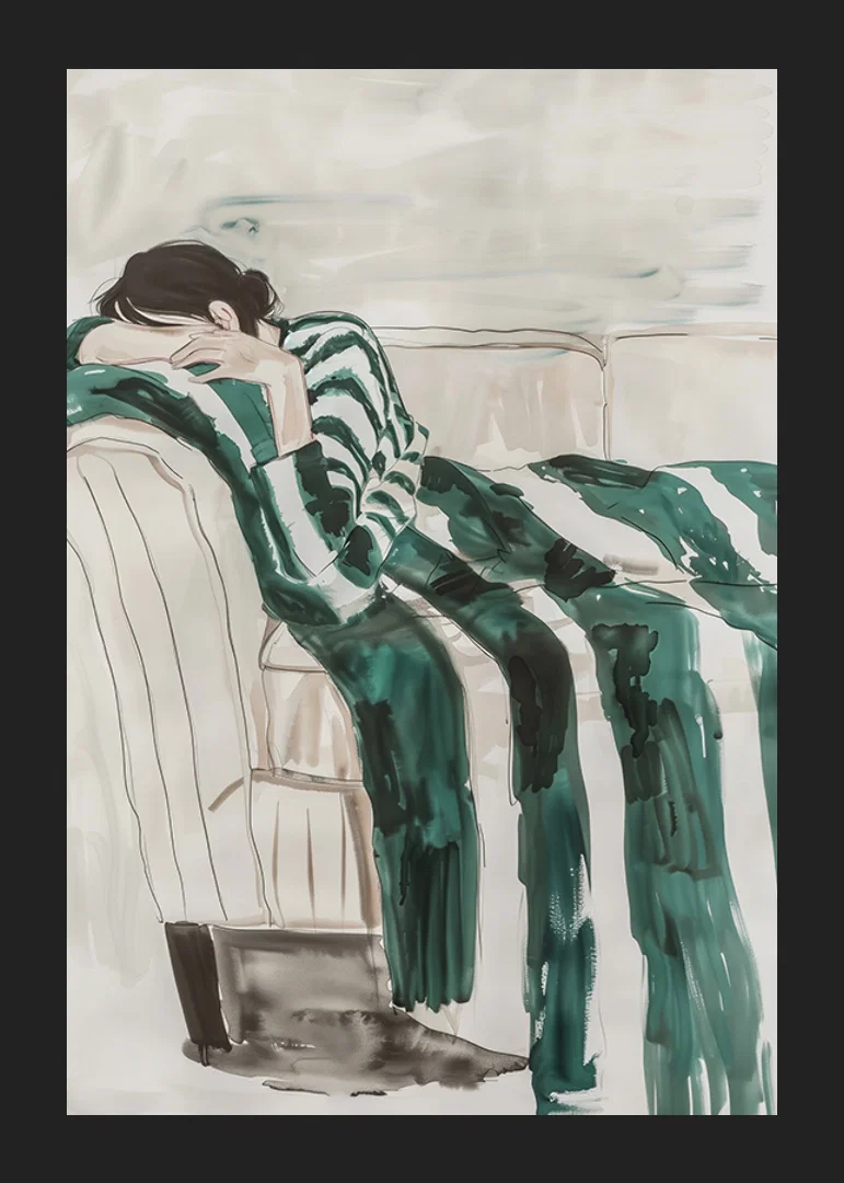 A poster depicting a person in deep rest, blending in with the sofa-12