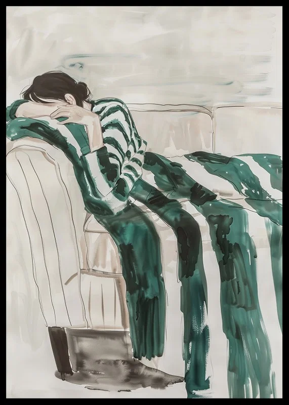 A poster depicting a person in deep rest, blending in with the sofa-12