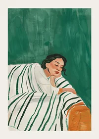 A poster depicting a woman in deep rest, wrapped in a striped blanket-3