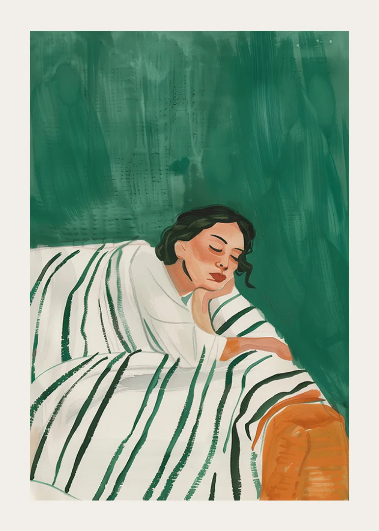A poster depicting a woman in deep rest, wrapped in a striped blanket-12
