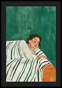 A poster depicting a woman in deep rest, wrapped in a striped blanket-4