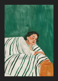 Plagát zobrazujúci ženu v hlbokom odpočinku zabalenú do pruhovanej prikrývky-5