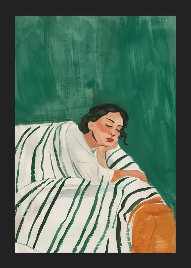 Plagát zobrazujúci ženu v hlbokom odpočinku zabalenú do pruhovanej prikrývky-12