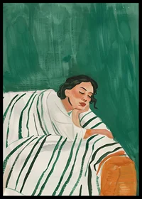 A poster depicting a woman in deep rest, wrapped in a striped blanket-6