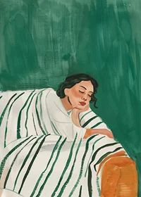 A poster depicting a woman in deep rest, wrapped in a striped blanket-7