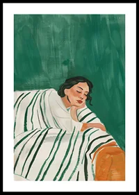 A poster depicting a woman in deep rest, wrapped in a striped blanket-0
