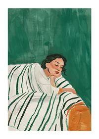 A poster depicting a woman in deep rest, wrapped in a striped blanket-1
