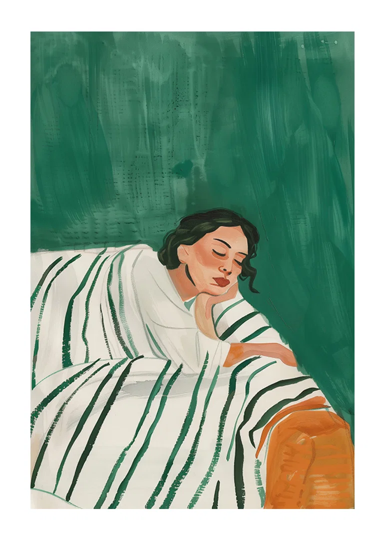 A poster depicting a woman in deep rest, wrapped in a striped blanket-12