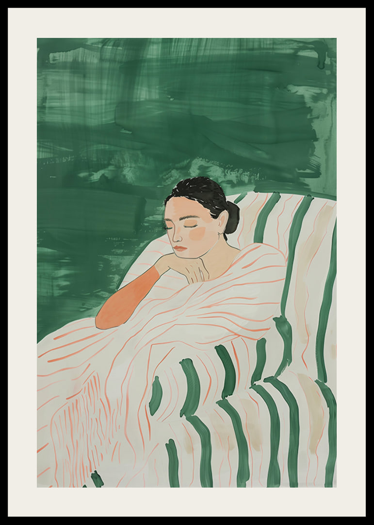 A poster depicting a woman wrapped in a striped blanket-12