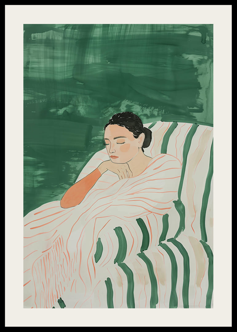 Une affiche représentant une femme enveloppée dans une couverture rayée-12