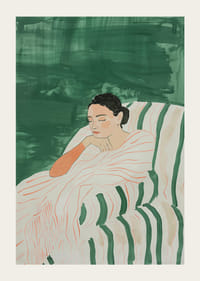 Une affiche représentant une femme enveloppée dans une couverture rayée-3