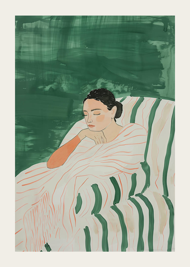 Une affiche représentant une femme enveloppée dans une couverture rayée-12