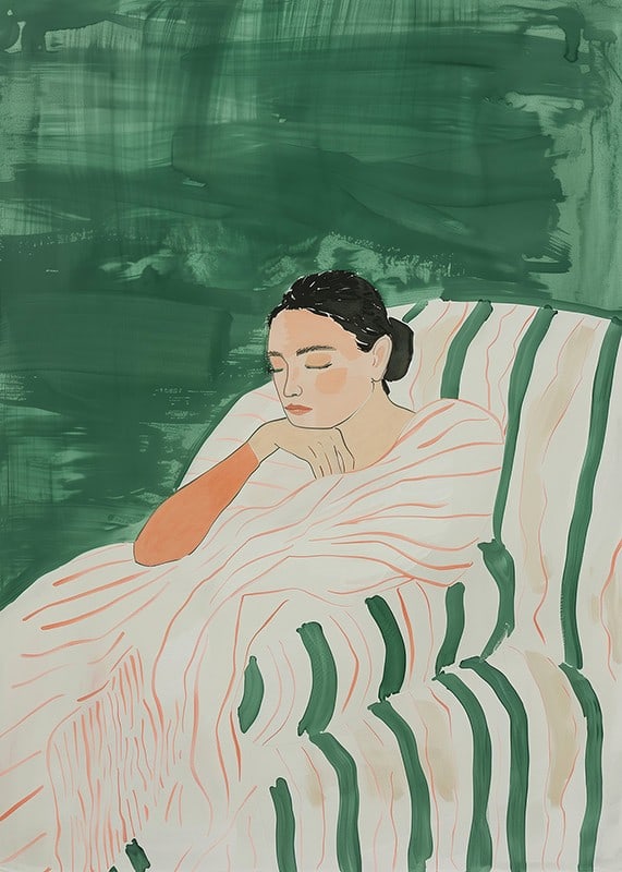 A poster depicting a woman wrapped in a striped blanket-12