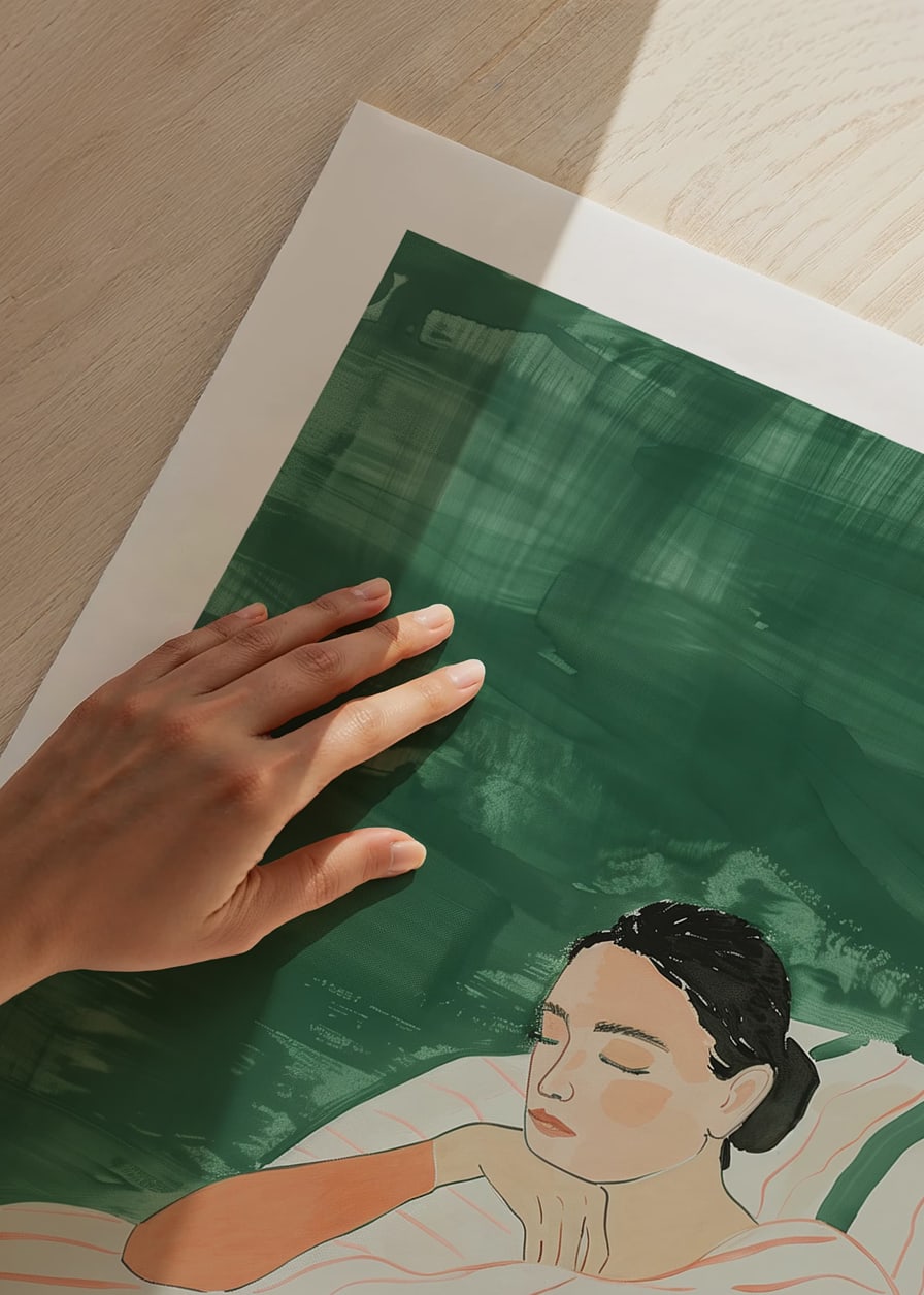 A poster depicting a woman wrapped in a striped blanket-12