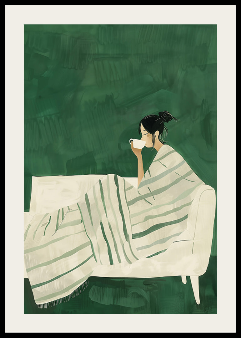 A poster depicting a woman wrapped in a striped blanket, enjoying a hot cup of-12