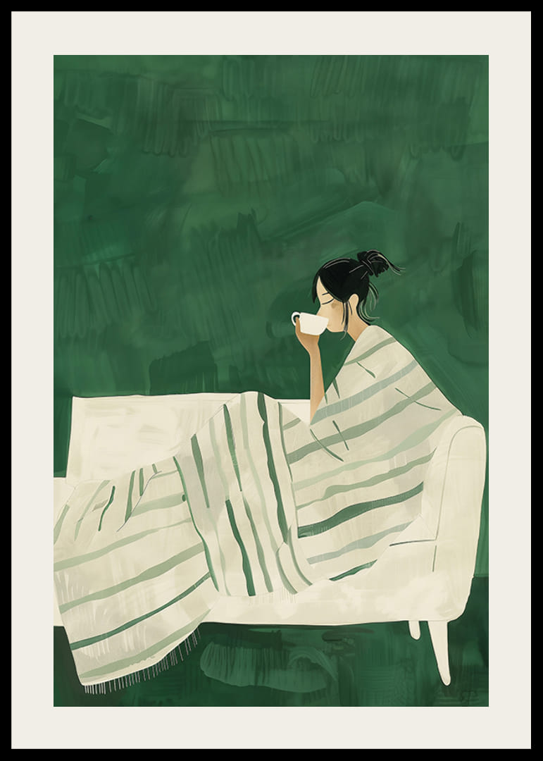 Een poster waarop een vrouw is afgebeeld, gewikkeld in een gestreepte deken, genietend van een warme kop thee.-12