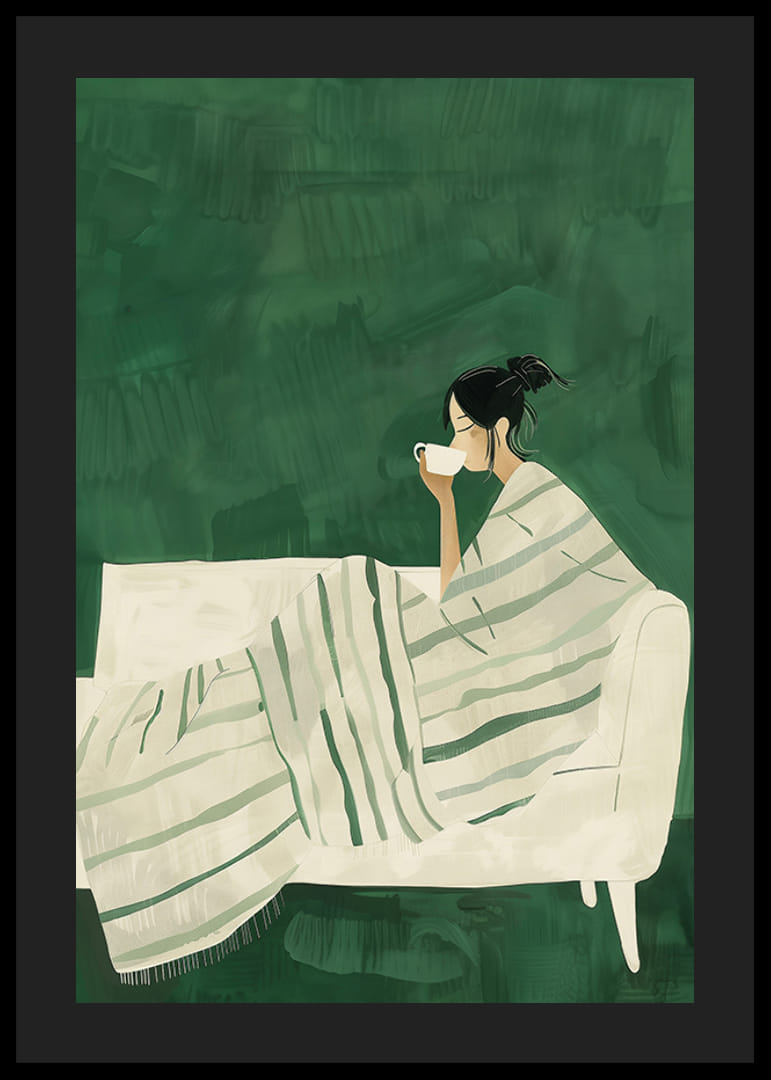 Een poster waarop een vrouw is afgebeeld, gewikkeld in een gestreepte deken, genietend van een warme kop thee.-12